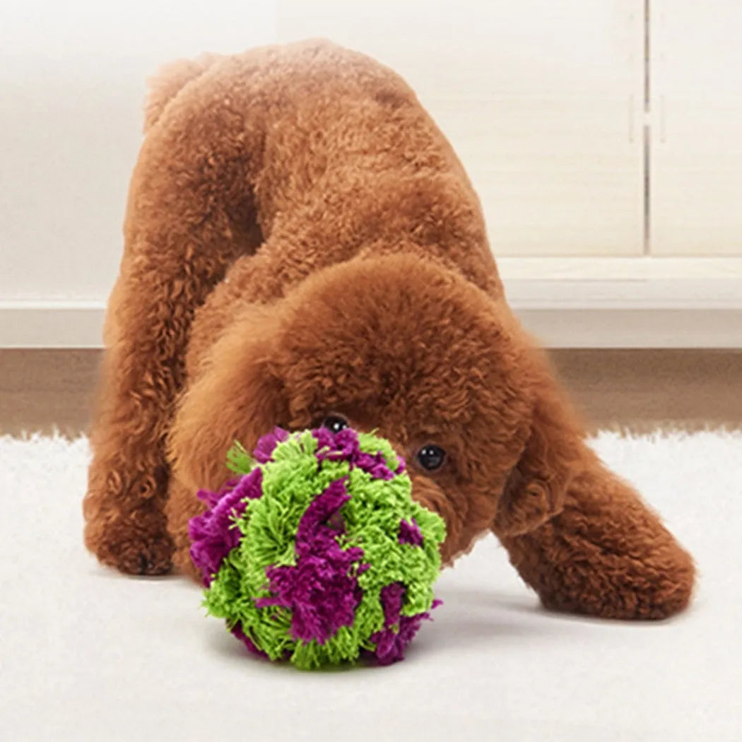 Purple plush dog ball toy with seaweed knots measuring 15cm diameter