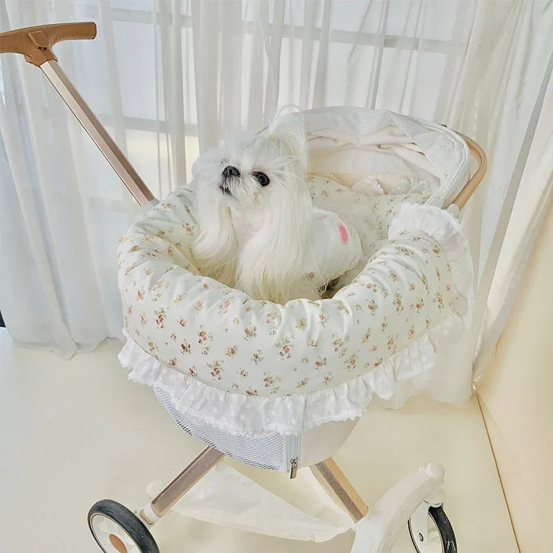 Pure cotton pet stroller three-piece set with anti-dirty towel, cushion, and pillow in striped and floral colours