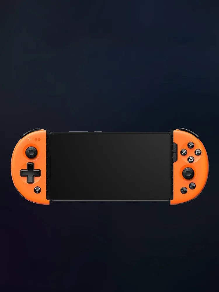 Feizhi Wee 2T stretchable mobile game controller in blue or orange, showing USB plug.