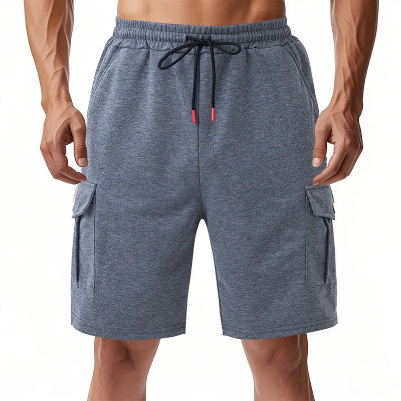 Men's loose-fit light grey cargo shorts with multiple pockets made from a towel terry fabric.