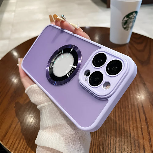 Frosted magnetic protective case for iPhone 15 models in blue, black, transparent, purple and green colours.