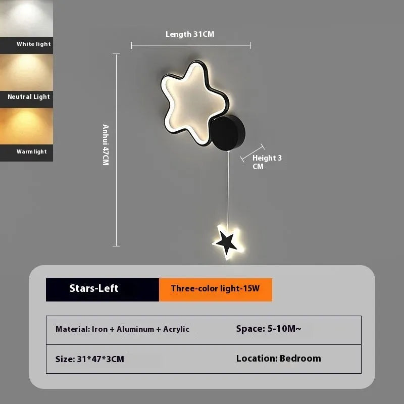 Cartoon five-pointed star bedside wall lamp in black or white with cloud, moon, or star motifs