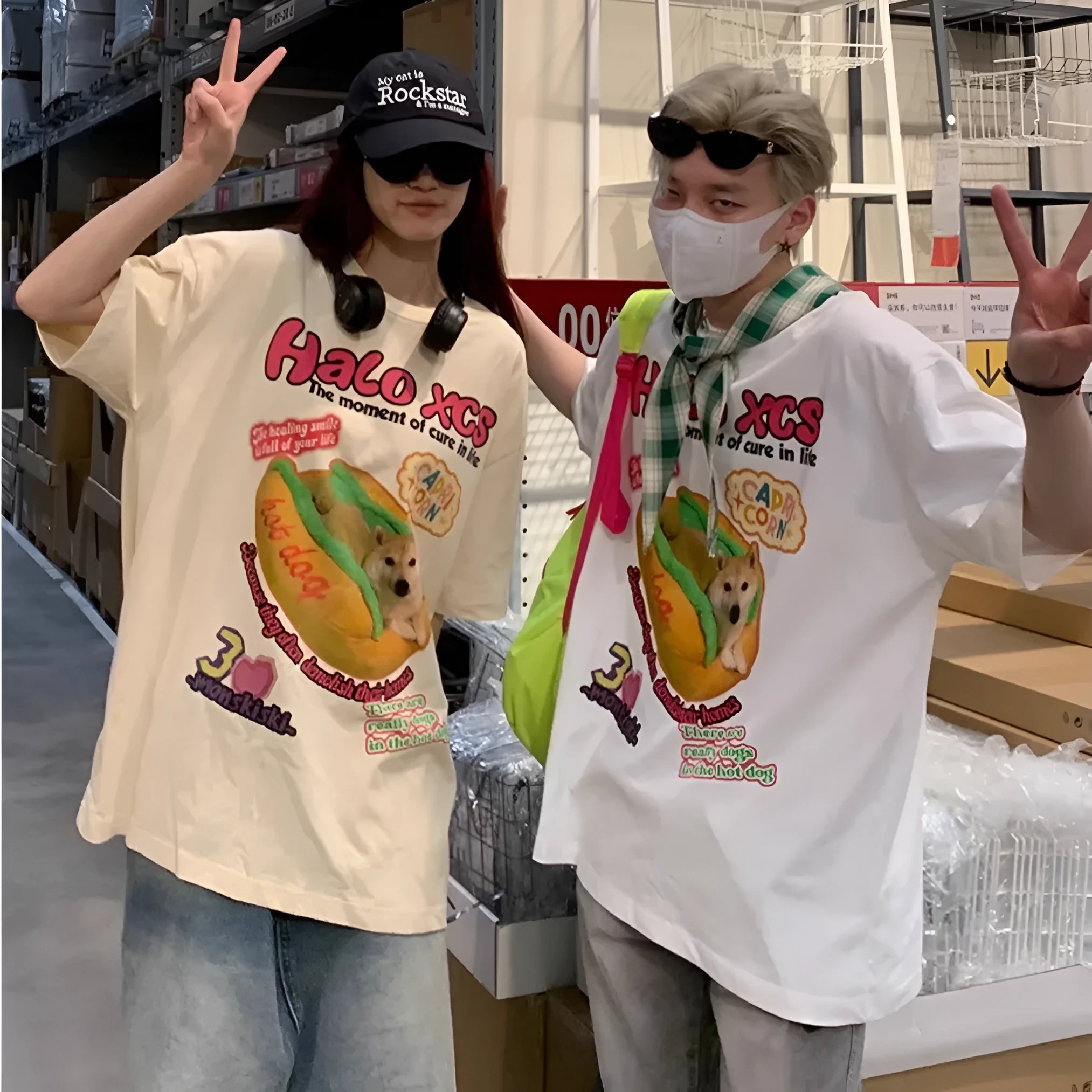 Cartoon hamburger dog printed cotton T-shirt in loose fit, shown in white colour.