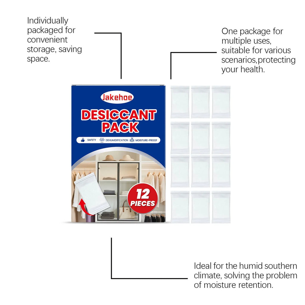 Pack of 12 white calcium chloride desiccant bags for household moisture absorption.