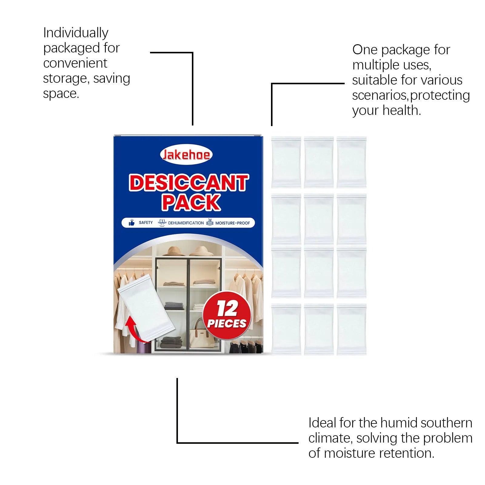 Pack of 12 white calcium chloride desiccant bags for household moisture absorption.