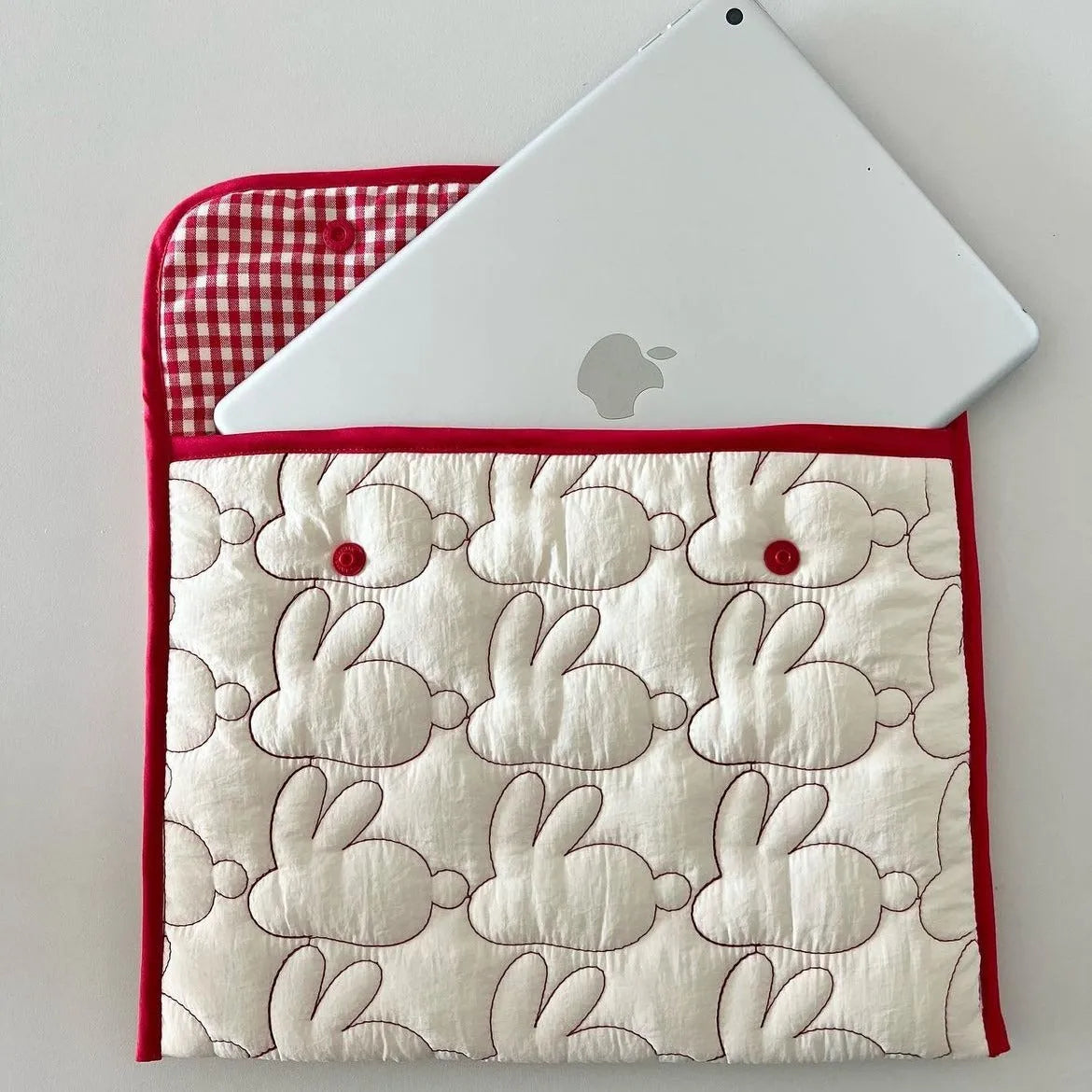 Embroidered rabbit pattern nylon tablet storage bag in red rabbit, black rabbit, red dot, or black dot, 11 inch and 13 to 14 inch sizes