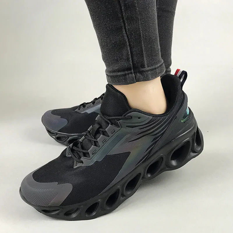 Men's breathable mesh casual shoes with EVA sole in black, white, or dark blue colour options