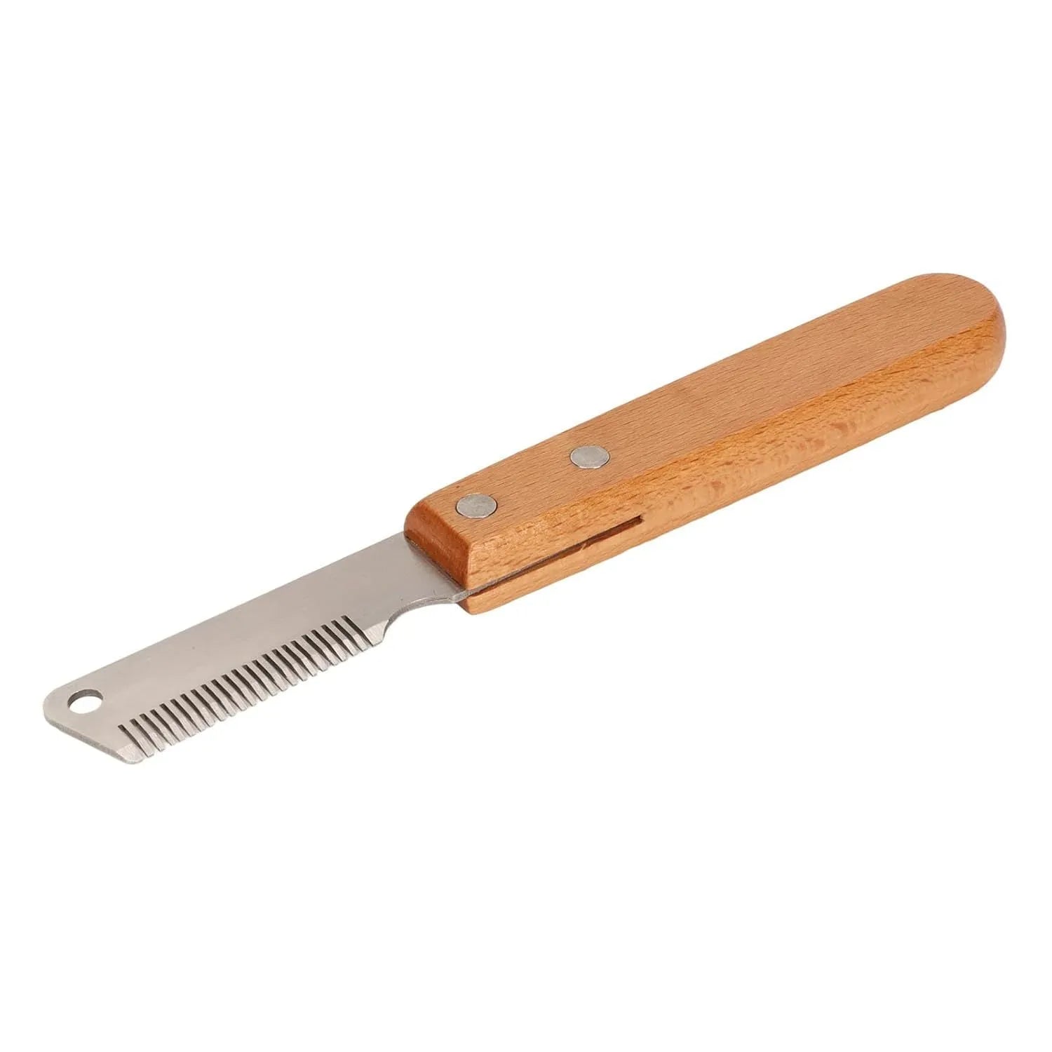 Pet stripping comb grooming tool with wood handle and metal teeth for dogs and cats.