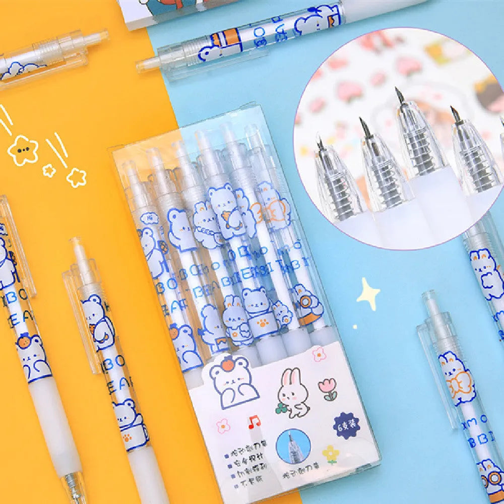 Set of six colourful bear and bunny character press pen knives on a white background.