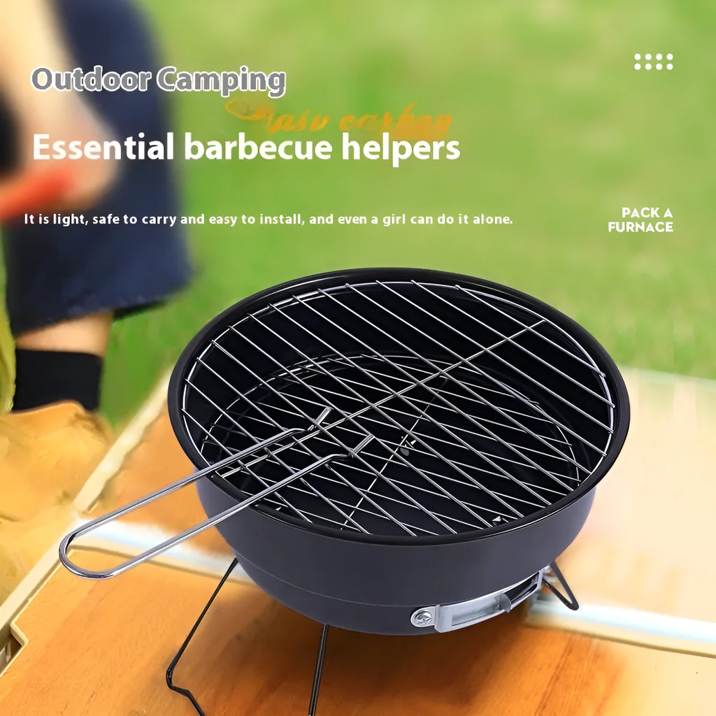 Small round folding ice stove with removable barbecue grill mesh and foldable furnace legs