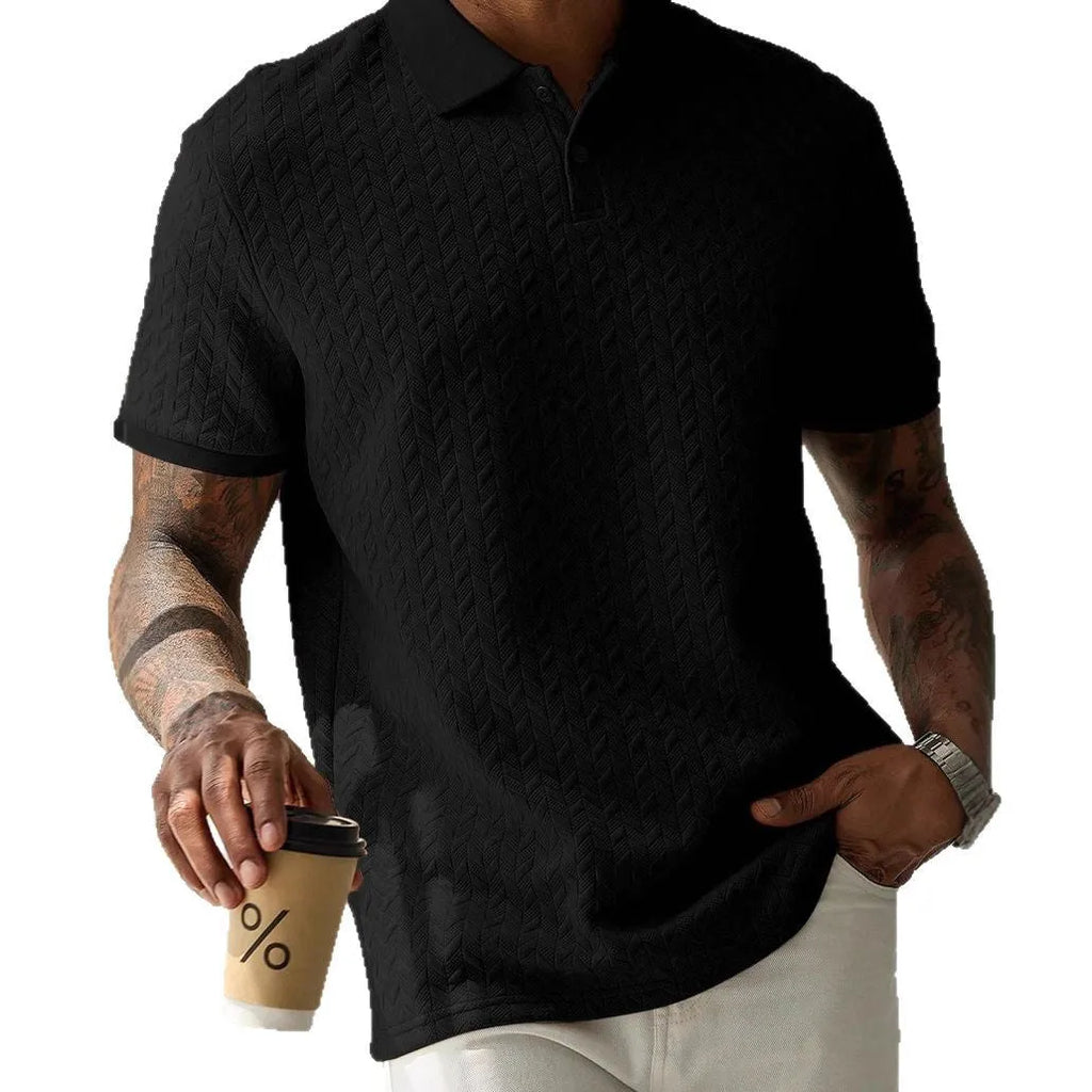 Men's solid colour short-sleeved polo shirt with collar, polyester, available in five colours and sizes S to 2XL.