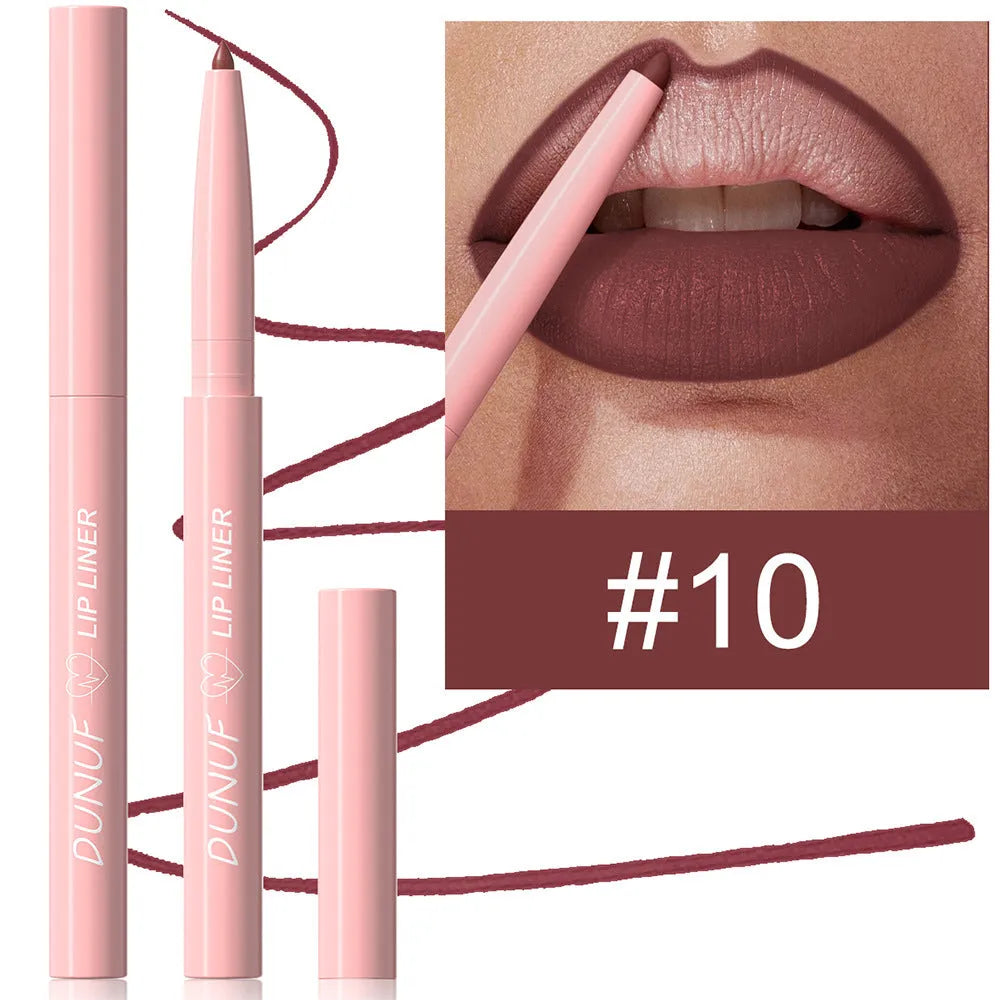 Velvet matte lip liner twist-up pencil shown in one of 12 available colours.