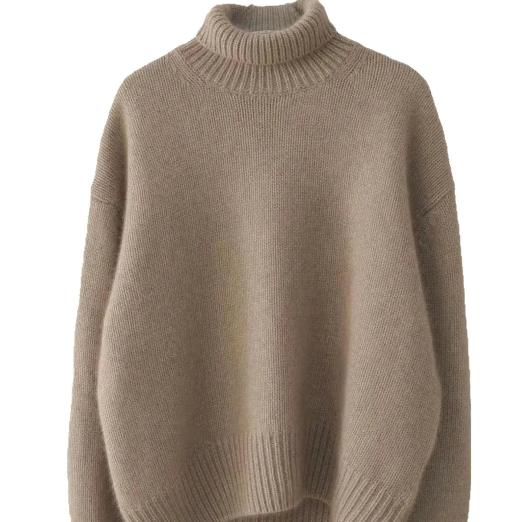 Women's high-neck loose fit thick knit pullover sweater in solid colour, long sleeves