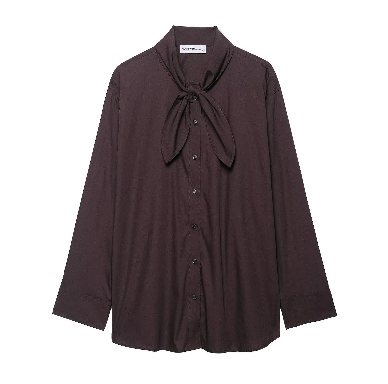 Brown women's long sleeve poplin shirt with a bow tie, shown in a loose cardigan style.