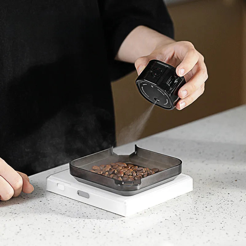Electric coffee bean sprayer for anti-fly powder in black or silver, simple style for cafes and home use