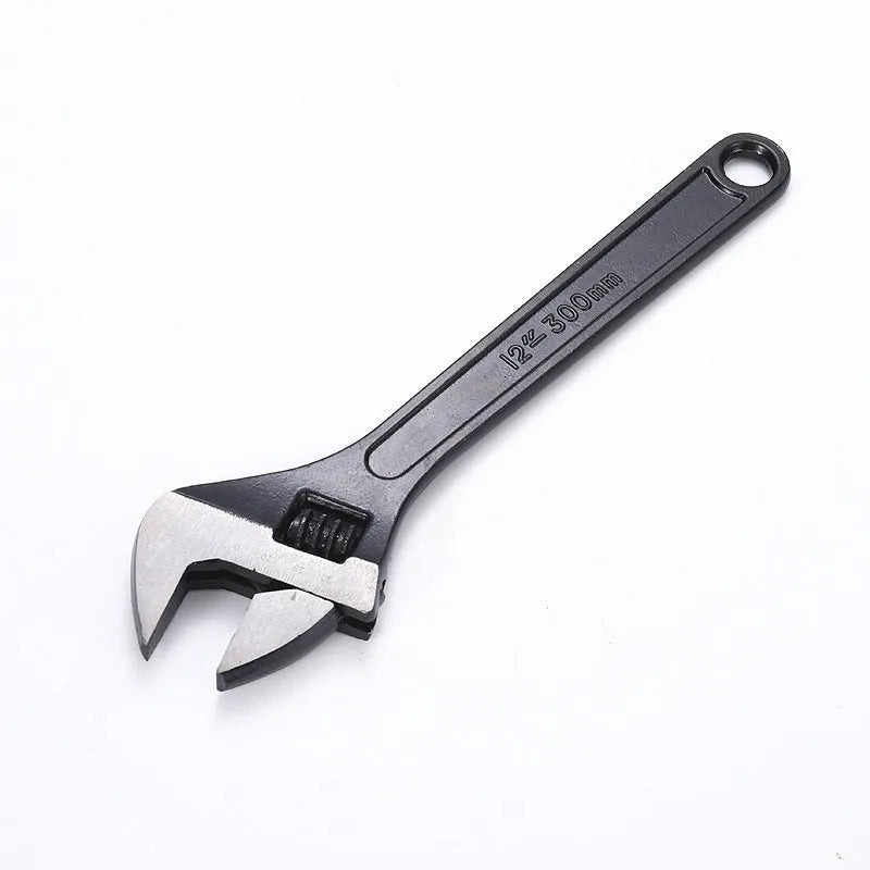 Blackened high carbon steel adjustable open-end wrench showing adjustable jaw mechanism and ergonomic handle
