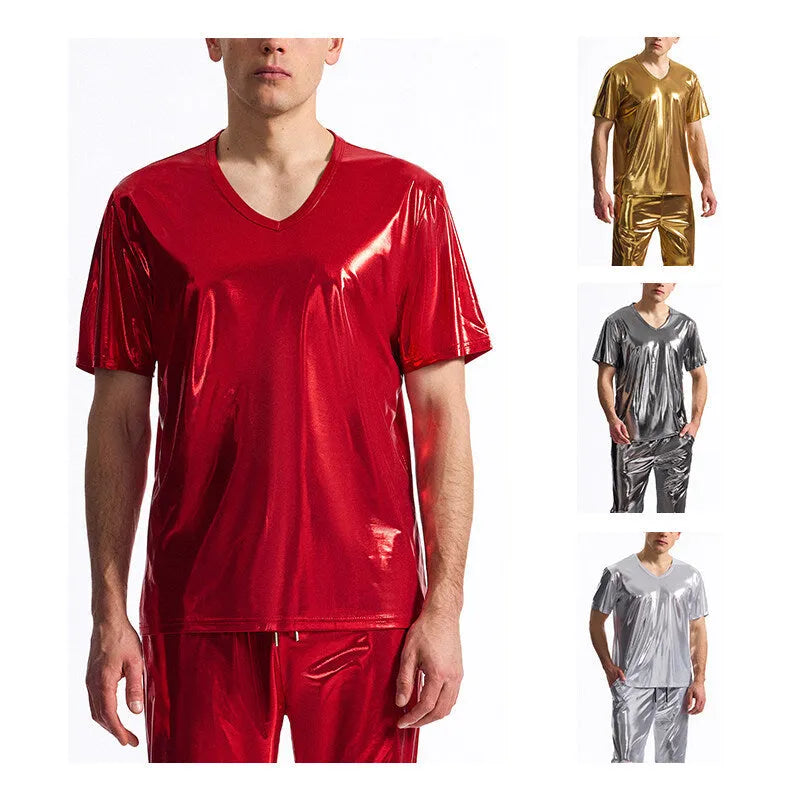Men's bronzing disco suit set with short sleeve top and shorts in dark grey, silver, red or yellow, sizes S to 2XL