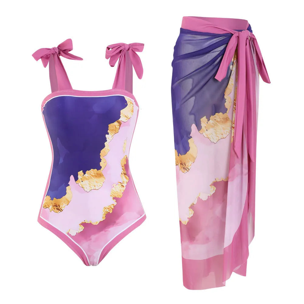 Floral print conservative one-piece swimsuit with mesh tube top and matching skirt