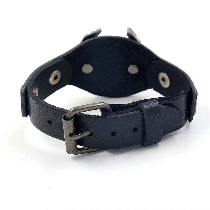 Black geometric leather bracelet with alloy eagle clasp showing tapered 1.7-3.8cm width