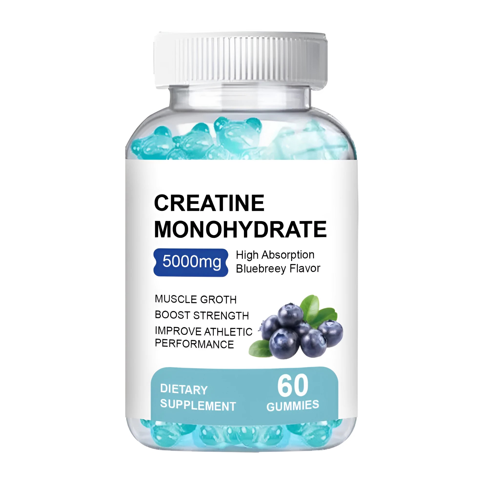 Creatine monohydrate gummies in chewable soft candy form with 60 pieces requiring cold storage