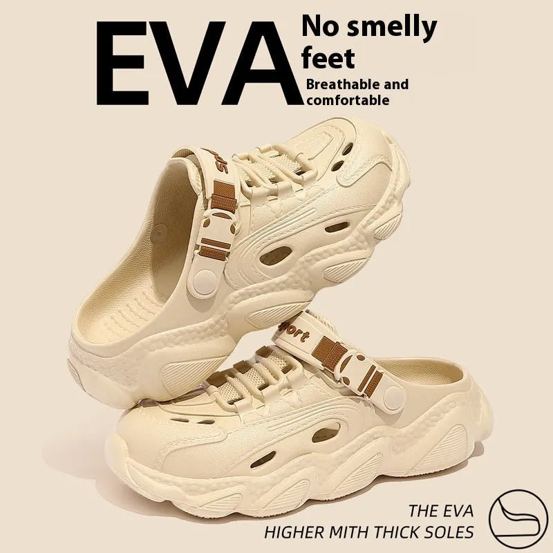 Men's khaki outdoor summer slippers with hollow-out design and EVA non-slip sole