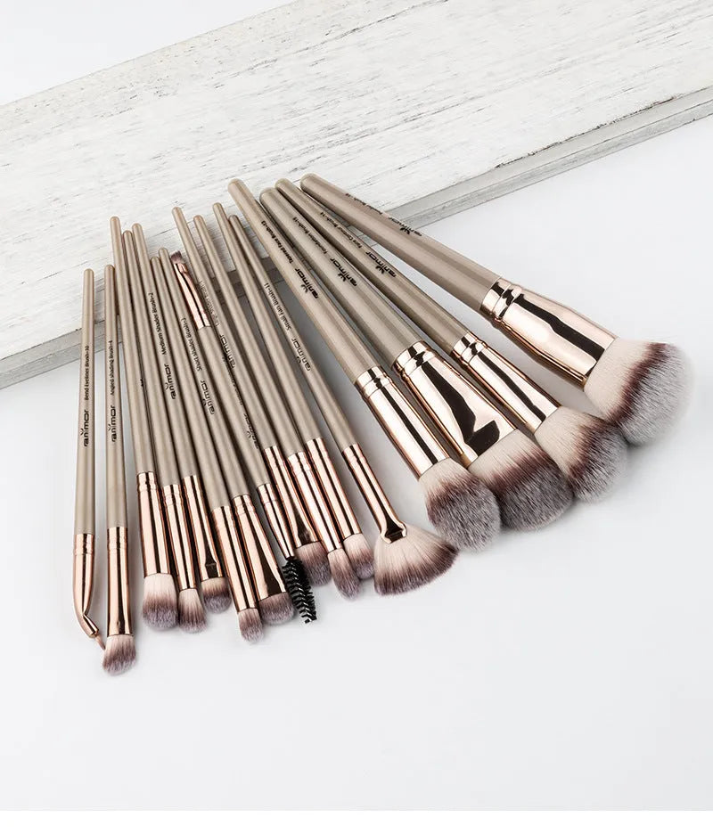 6-piece eyeshadow brush set with man-made fibre bristles in khaki finish, arranged on a flat surface.