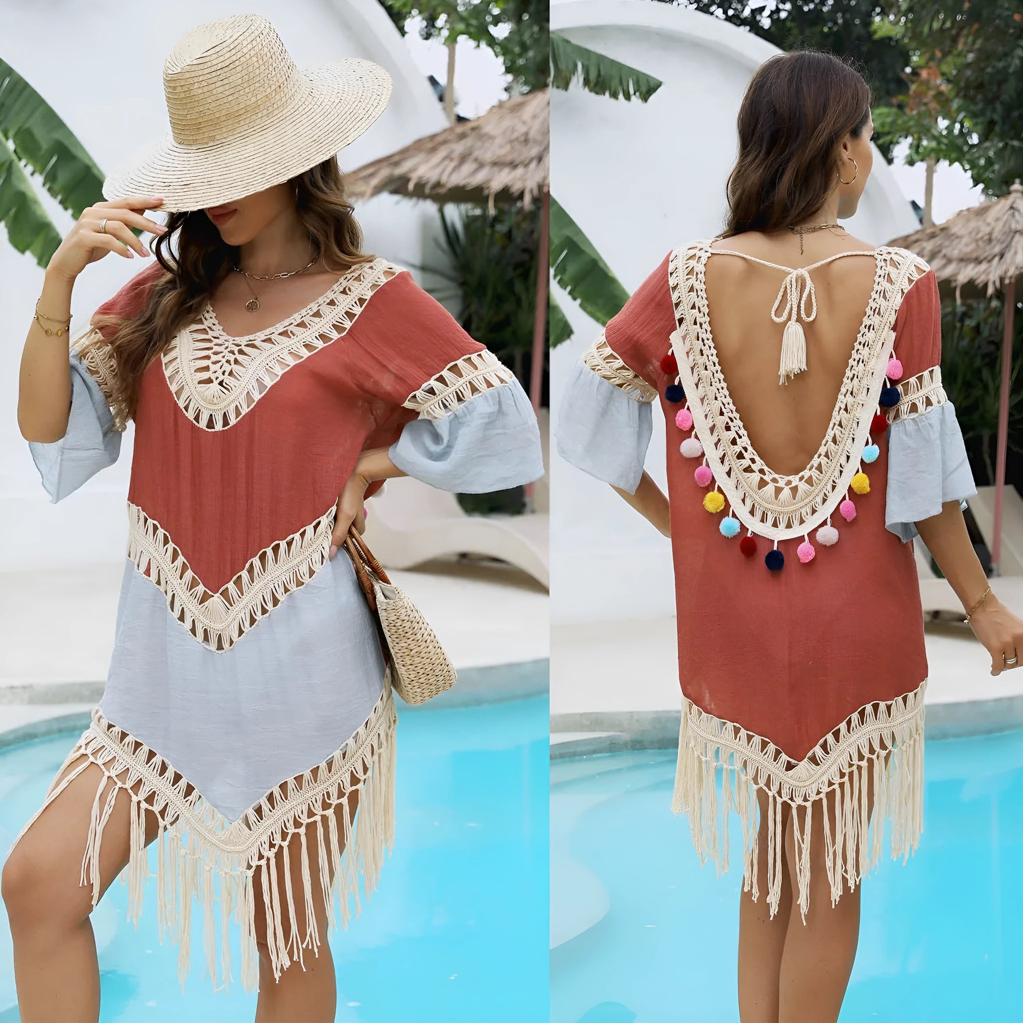 Orange floral beach overskirt with hand crochet stitching and bamboo cotton tassel decoration