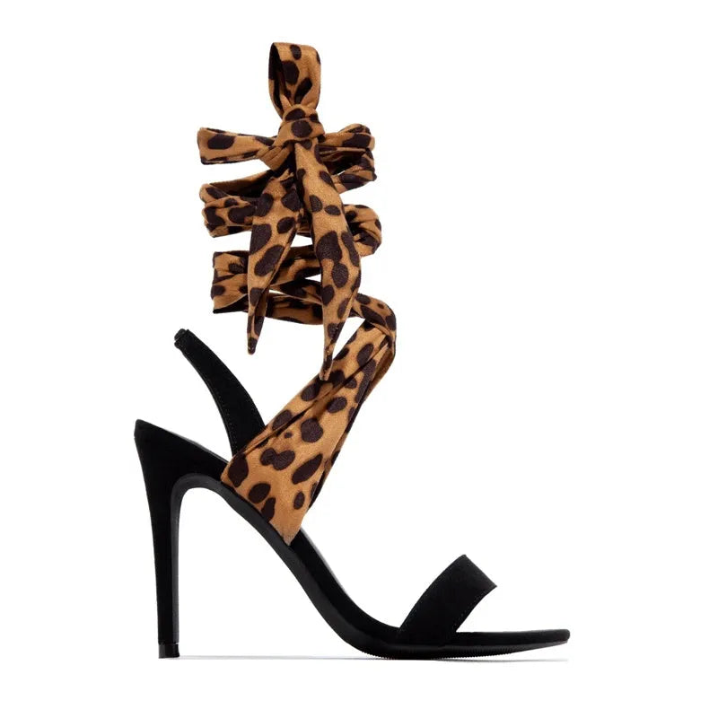 Light brown leopard print high heels with Roman cross-strap design and fine 8cm+ heel