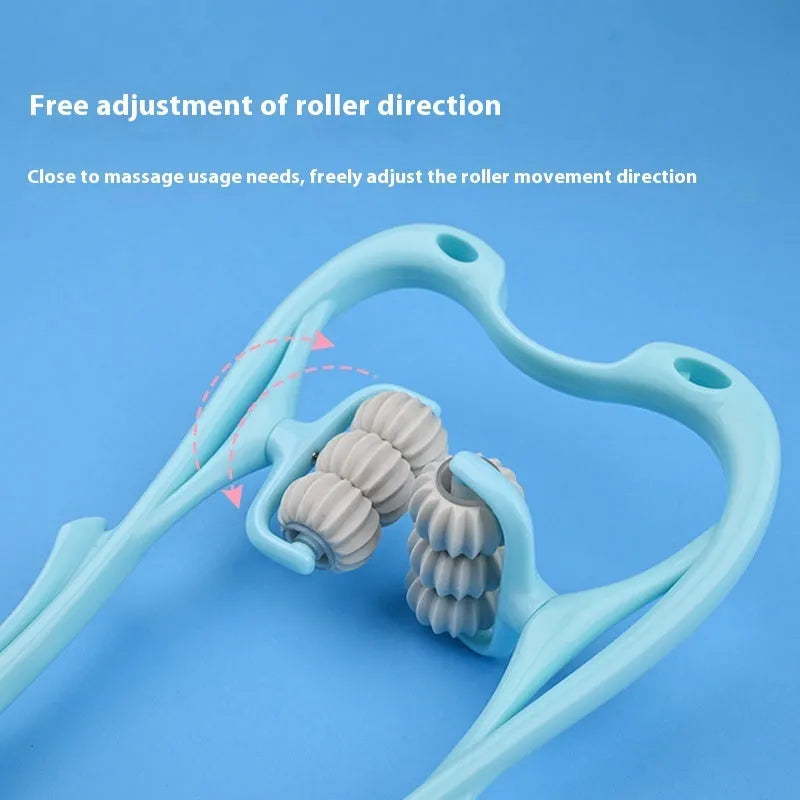 Blue handheld six-wheel massager for neck, shoulder, and waist.