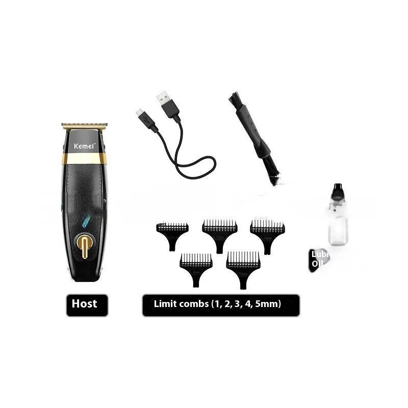 KM1834 rechargeable electric hair clipper with USB cable, lubricant, brush and five limit combs