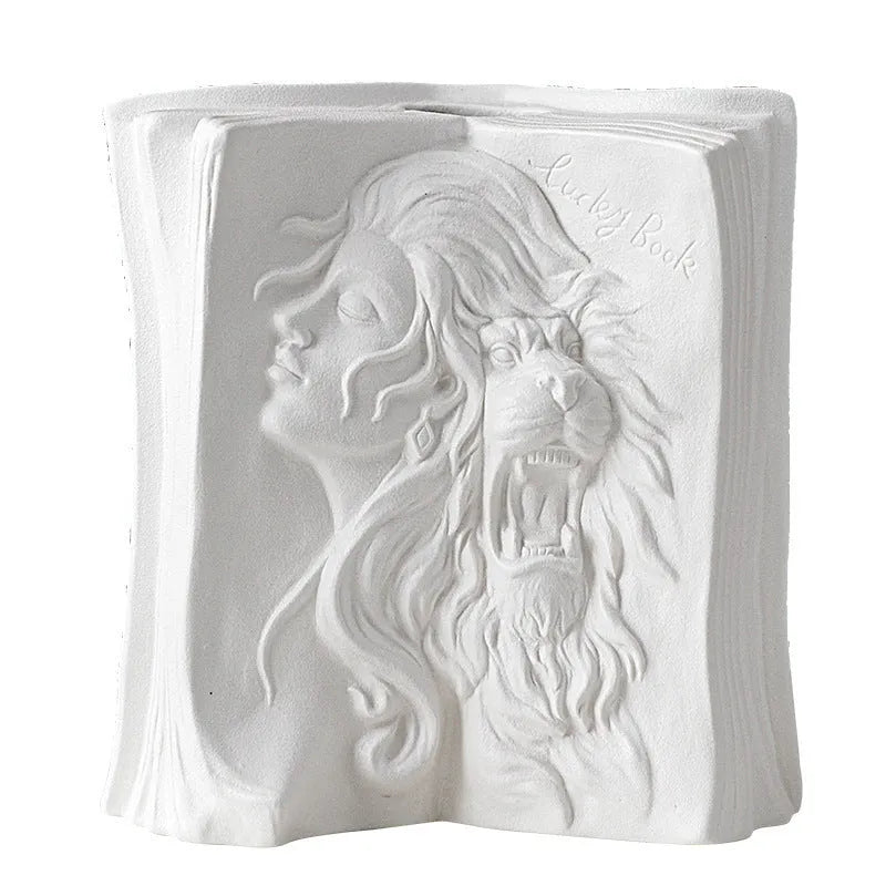 Ceramic book stand with glazed surface in one of four artistic designs: lover, dancer, beauty and beast, or brushed face