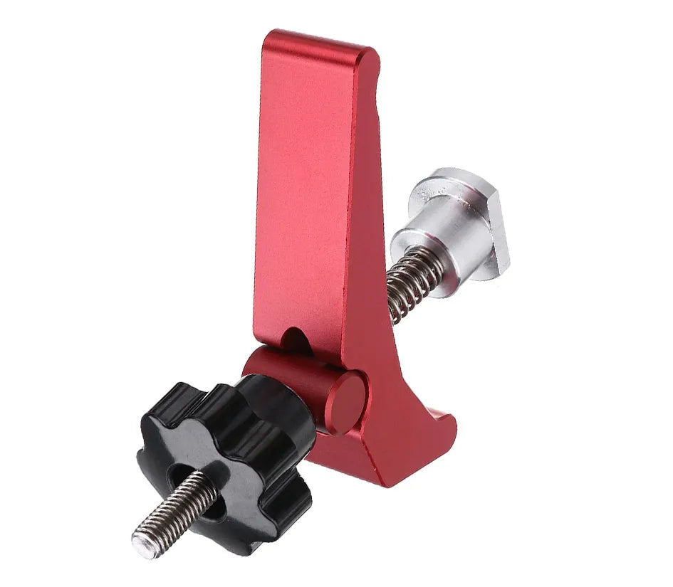 Red aluminium alloy woodworking table block slide holder with flat mouth and 200g weight.