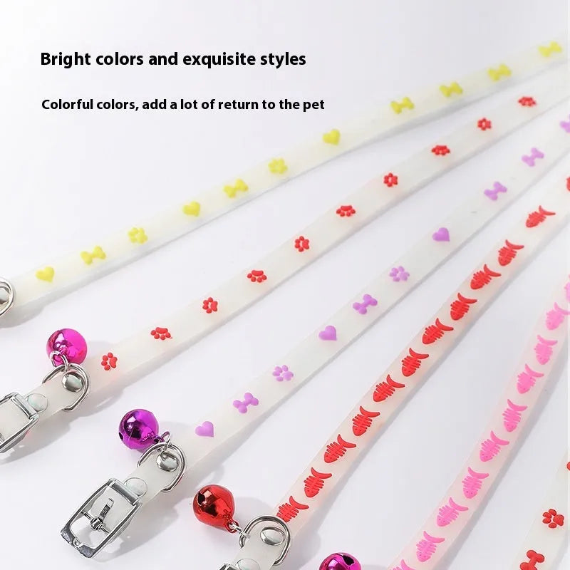 Luminous cat collar with adjustable silicone chain showing fishbone pattern design and metal bell