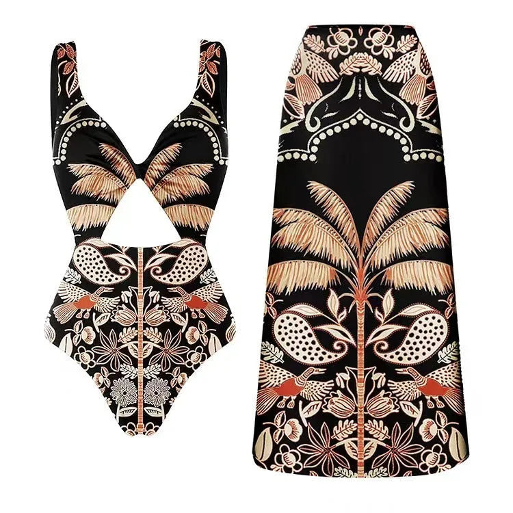 Women's one-piece swimsuit in polyester fabric showing colour options including black and printed designs