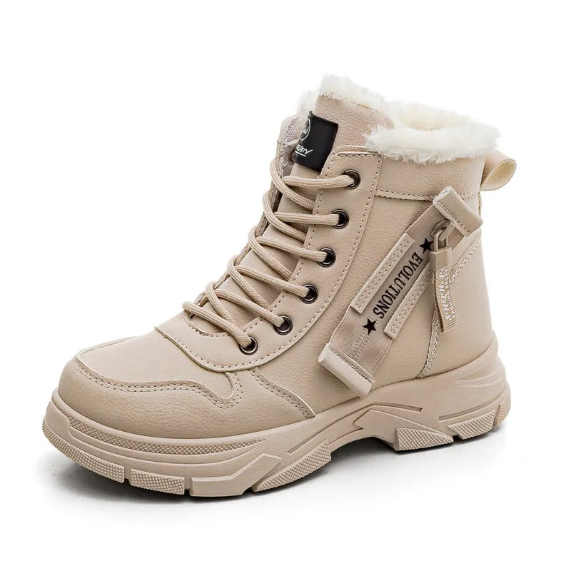 Women's plus size fleece-lined snow boots with lace-up front and mid heel