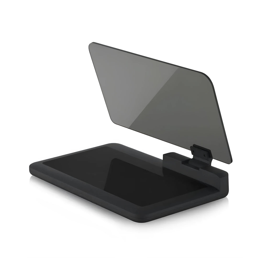 Grey universal smartphone holder with organic glass panel for car navigation display projection