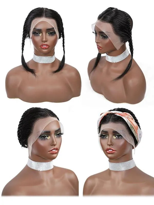 Black 10 inch pre braided lace frontal wig with long straight bangs, glueless human hair