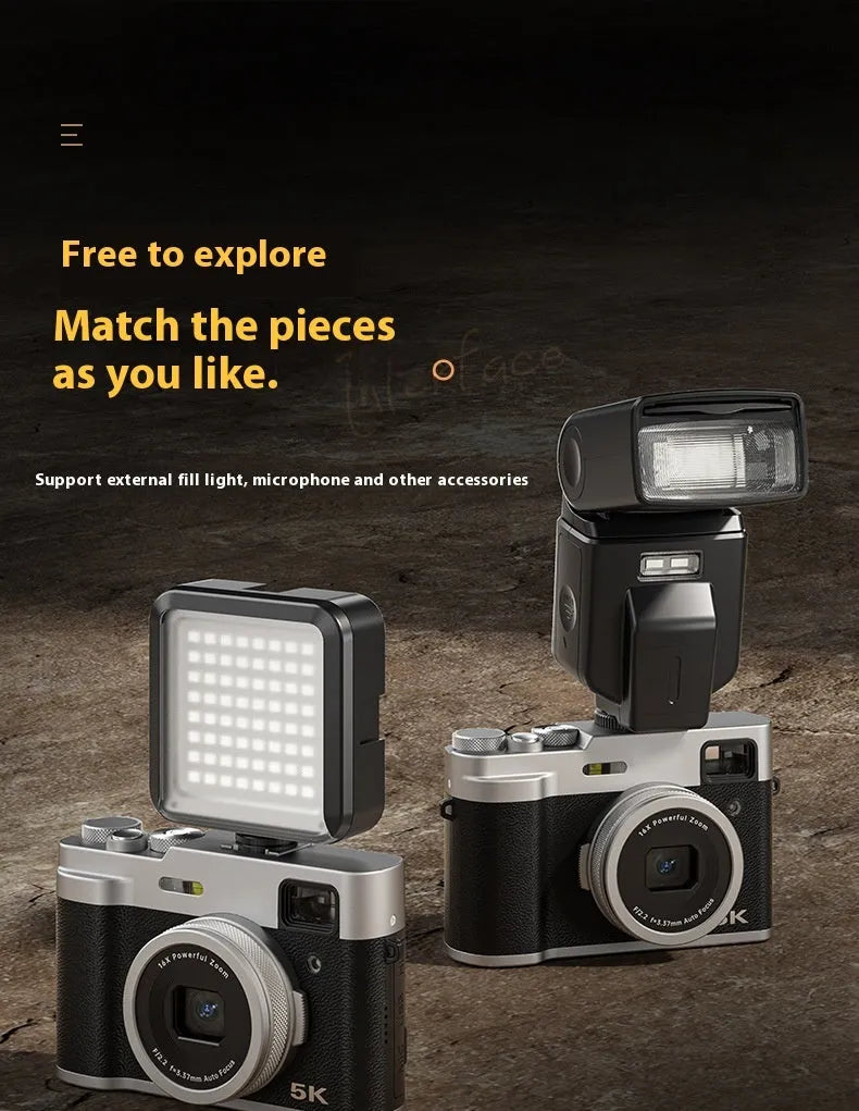 Black 5K digital camera with dual lenses and optical viewfinder displayed with accessories