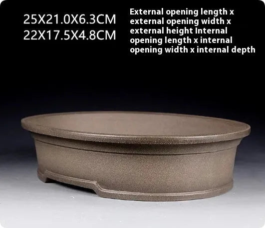 Handmade purple sand ceramic antique oval bonsai pot for succulents, 25cm long.
