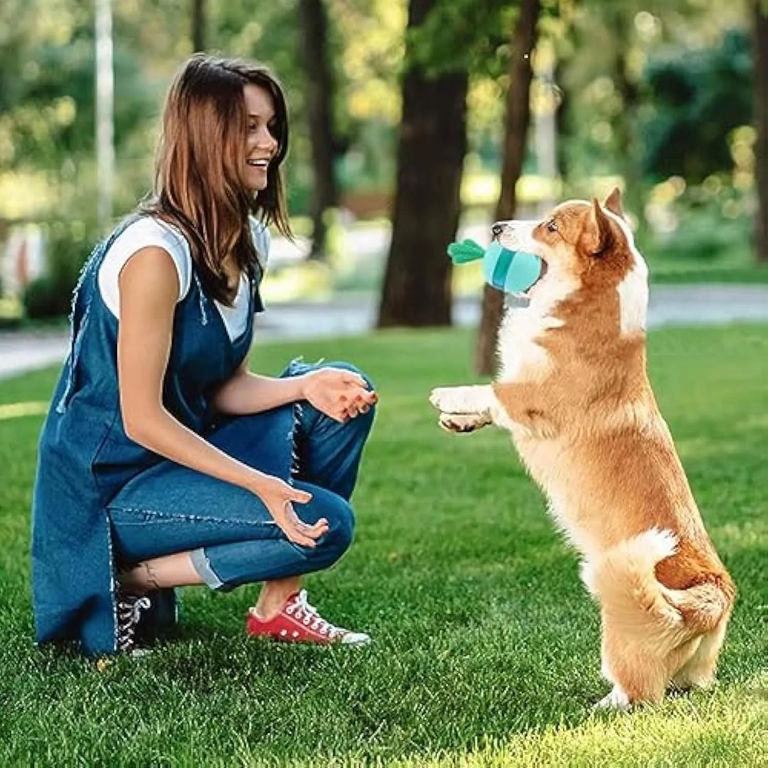 Blue durable rubber treat dispensing tumbler ball dog toy for medium large breeds