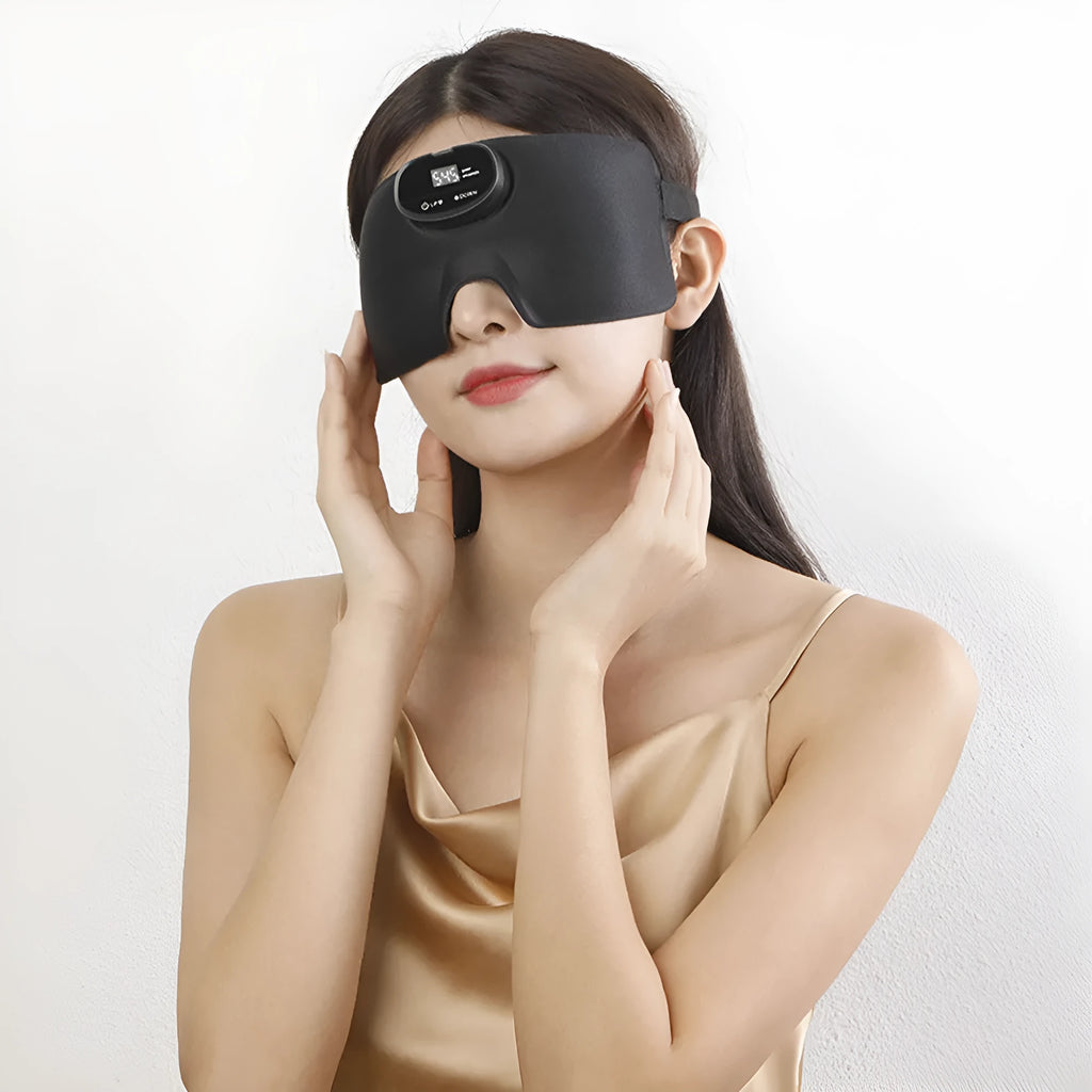 Black EMS smart sleep eye mask, USB rechargeable, 245mm x 95mm x 20mm, polyester ABS silicone