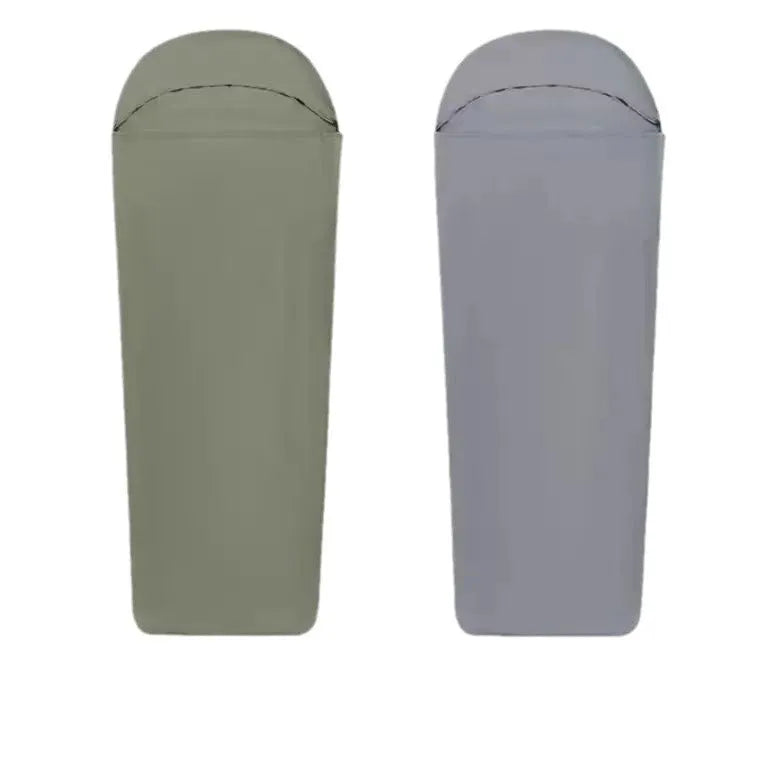 Blue lightweight nylon mummy-style camping sleeping bag for adults, shown packed
