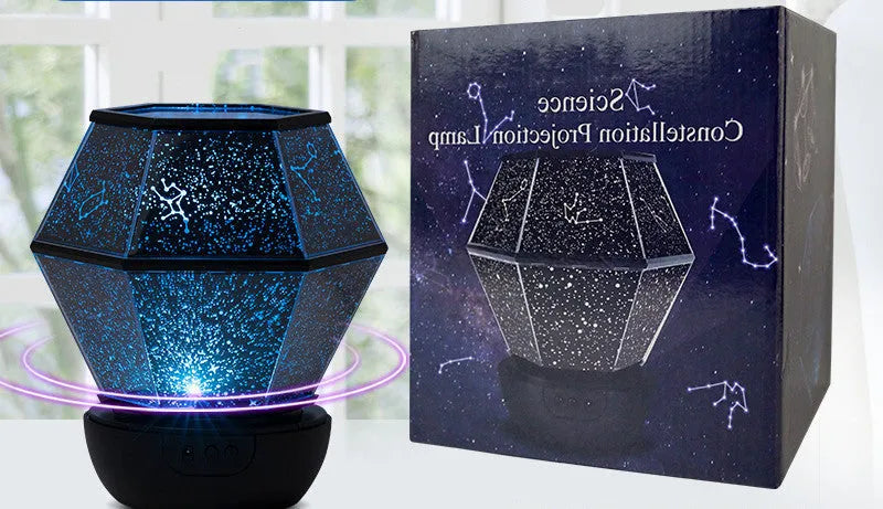 Children's rotating star projector night light projecting blue and green starlight onto a bedroom wall.