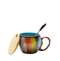 Handmade ceramic cup with lid and spoon, 350ml European style mug in vibrant blue, bright green, yellow, or pink