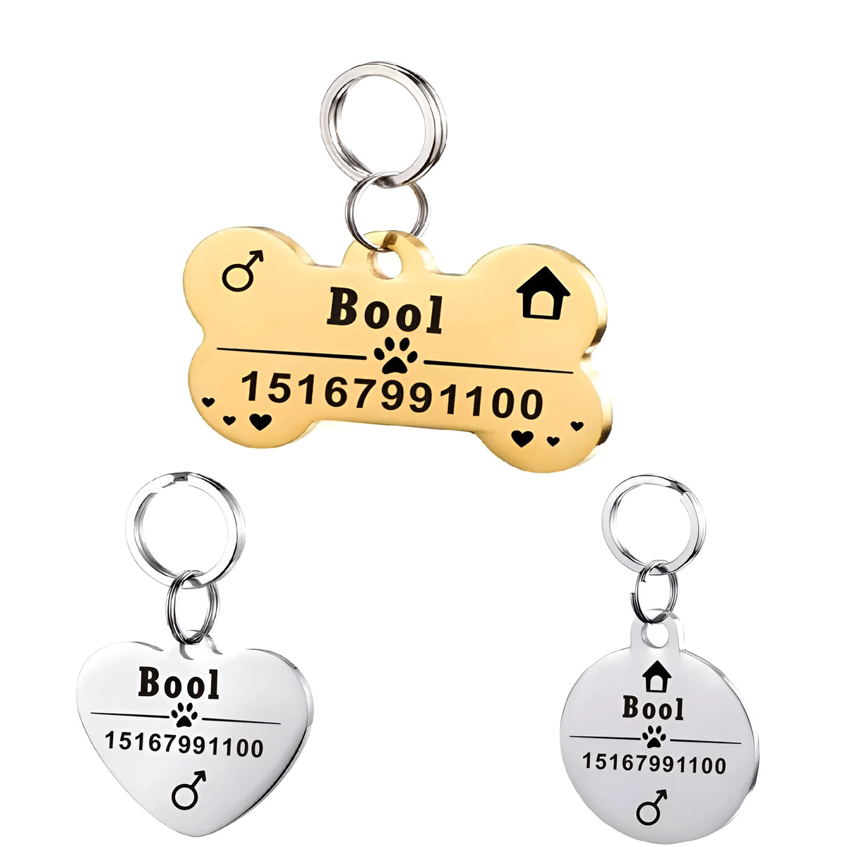 Personalized dog ID tag with stainless steel pendant and natural zircon chain, shown in black, blue, gold, or silver.