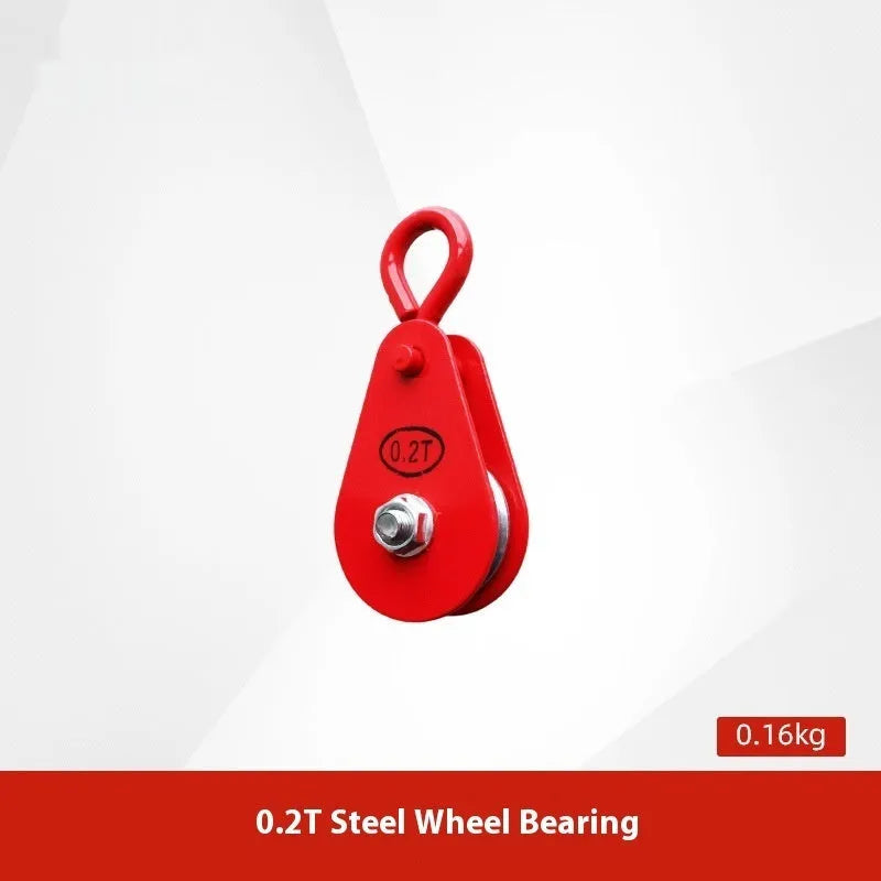 Red industrial steel lifting pulley with a large safety latch hook for wire rope or sling connection.