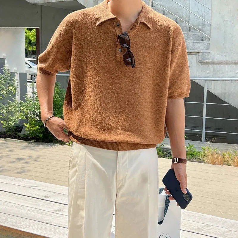 Retro knitted polo shirt for men with asymmetric design in caramel colour