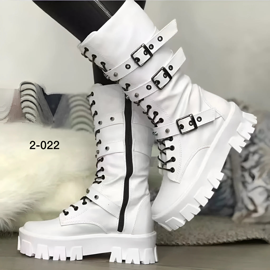 Women's black mid-calf knight boots with side zip and metal buckle details on artificial PU upper