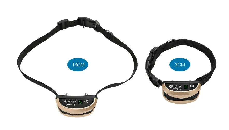 Black dog training collar with digital display and adjustable reflective strap on a grey background.