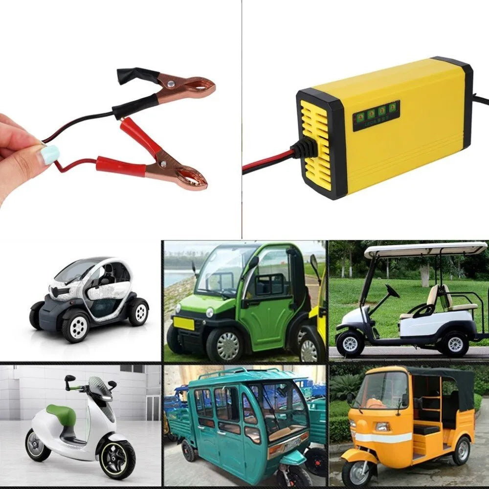 Yellow 12V 2A motorcycle battery charger with ABS body, alligator clips and EU plug